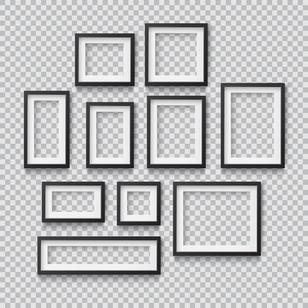Set of Photo Realistic Square Black  Blank Picture Frame, hanging on a Wall from the Front. 3d mockup isolated on transparent background. Graphic style template.Vector illustrationのイラスト素材