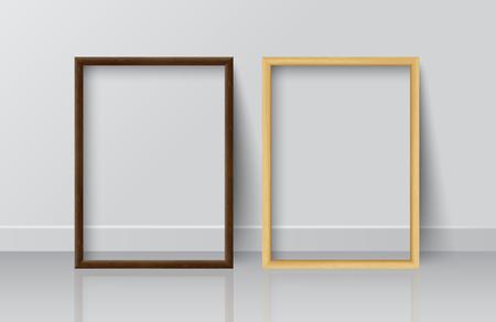 Realistic Square Light Wood and Dark Wood Blank Picture frame, standing on White Floor at
White Wall from the Front. 
Design Template for Mock Up.
Vector illustrationのイラスト素材