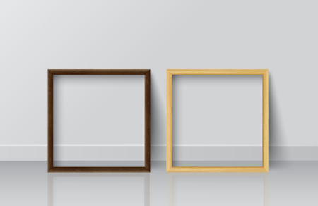 Realistic Square Light Wood and Dark Wood Blank Picture frame, standing on White Floor atWhite Wall from the Front. Design Template for Mock Up.Vector illustrationのイラスト素材