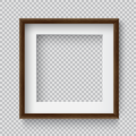 Photo Realistic Square Wood Blank Picture Frame, hanging on a Wall from the Front. 3d mockup isolated on transparent background. Graphic style template.Vector illustrationのイラスト素材