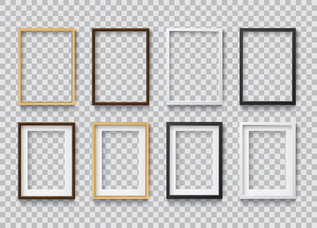 Set of Photo Realistic Square White, Black and Wood Blank Picture Frame, hanging on a Wall from the Front. 
3d mockup isolated on transparent background. 
Graphic style template.
Vector illustrationのイラスト素材