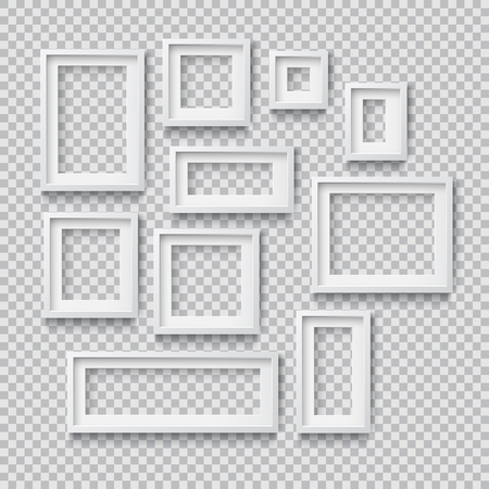 Set of Photo Realistic Square White  Blank Picture Frame, hanging on a Wall from the Front. 3d mockup isolated on transparent background. Graphic style template.Vector illustrationのイラスト素材
