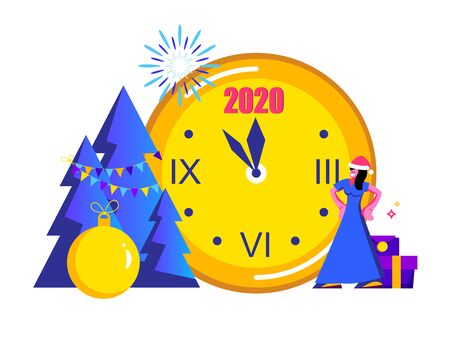 2020 Happy New Year trendy and minimalistic card or background.Small people are preparing for holiday.Modern Cartoon Flat Design Concept for website, Mobile app page, Landing Page.のイラスト素材