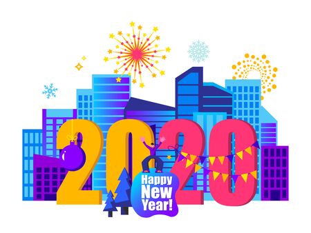 2020 Happy New Year trendy and minimalistic card or background.Small people are preparing for holiday.Modern Cartoon Flat Design Concept for website, Mobile app page, Landing Page.のイラスト素材