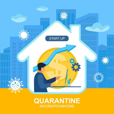 Self isolation from a pandemic.  Working from home during Covid-19 concept. 
Stay at home. Remote work from home during quarantine.
Flat poster for hospitals, medical facilities, World Health organization, SEO, Web Design.のイラスト素材