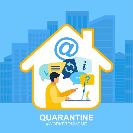 Self isolation from a pandemic.  Working from home during Covid-19 concept. 
Stay at home. Remote work from home during quarantine.
Flat poster for hospitals, medical facilities, World Health organization, SEO, Web Design.のイラスト素材