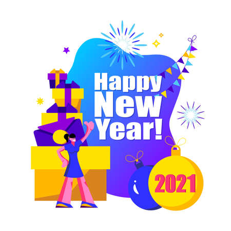 2021 Happy New Year trendy and minimalistic card or background.
Small people are preparing for holiday.
Modern Cartoon Flat Design Concept for website, Mobile app page, Landing Page.のイラスト素材