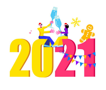 2021 Happy New Year trendy and minimalistic card or background.
Small people are preparing for holiday.
Modern Cartoon Flat Design Concept for website, Mobile app page, Landing Page.のイラスト素材