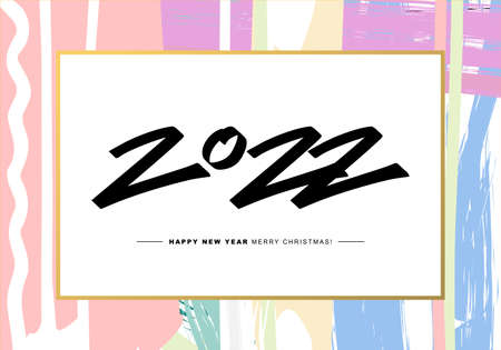 2022 Merry Christmas and Happy New Year card or background. 
Creative universal floral artistic cover in trendy style with Hand Drawn textures. 
Collage. Hipster graphic design template.のイラスト素材