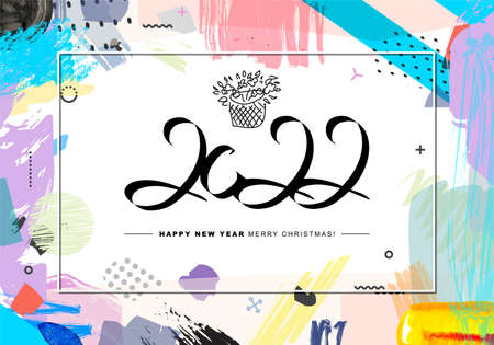 2022 Merry Christmas and Happy New Year card or background. 
Creative universal floral artistic cover in trendy style with Hand Drawn textures. 
Collage. Hipster graphic design template.のイラスト素材