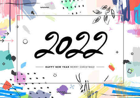 2022 Merry Christmas and Happy New Year card or background. 
Creative universal floral artistic cover in trendy style with Hand Drawn textures. 
Collage. Hipster graphic design template.のイラスト素材