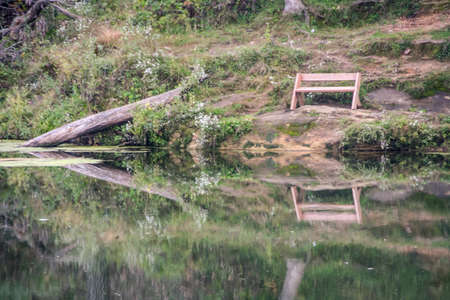 Picture of a cute bench I took from across the lake while out hiking in southern Wisconsin.の写真素材