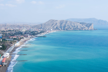 View of the city of Sudak, mountains and the Black Seaの写真素材