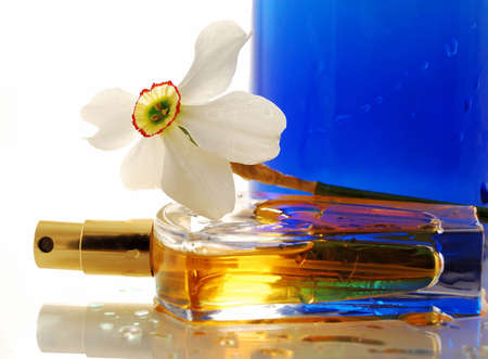 perfume and white flower on blue and white background