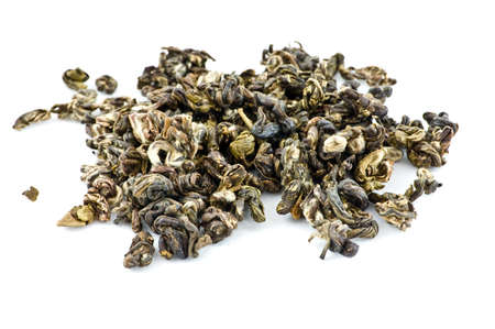 leaves of green tea on white isolated backgroundの写真素材