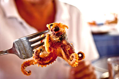 grilled octopus on a forkの写真素材