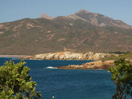 Outlook from Galeria with the coastline, the tower, the mountains and the blue bayの写真素材