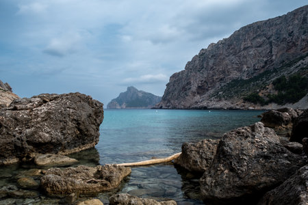 Scenic view of rock and turquoise water in Mallorca in small coveの写真素材