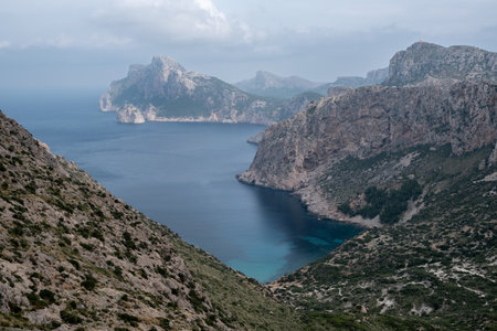 Landscape of the coastline with mountains and turquoise water in Mallorca