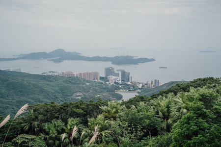 A landscape of coastline and islands from the Victoria peak in Hong Kongの写真素材