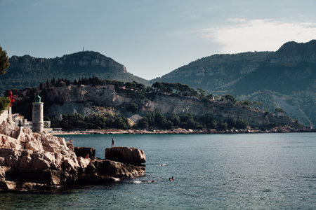 Landscape of cliffs and mountains surrounding the beautiful village of Cassis in South of Franceの写真素材