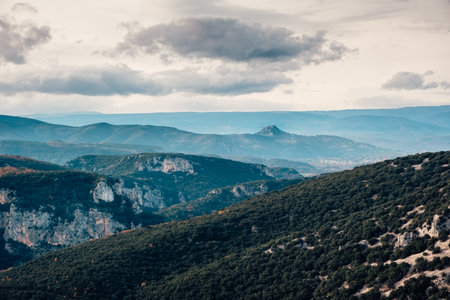 Contrasted landscape of mountains and cliffs in Ardeche in Franceの写真素材
