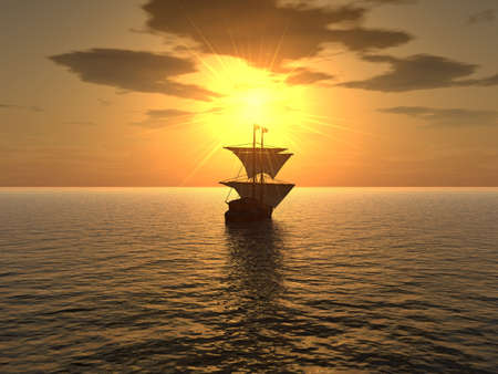 The ship floating in a distance on a background of very effective sunsetの写真素材