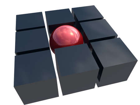 Red metal a unique sphere in an environment of cubes from ferrous metalの写真素材