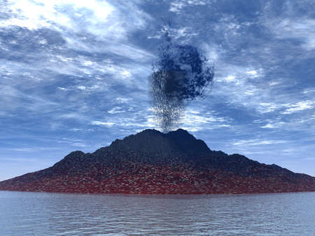 Eruption of a volcano on island at ocean (emission of a smoke)の写真素材