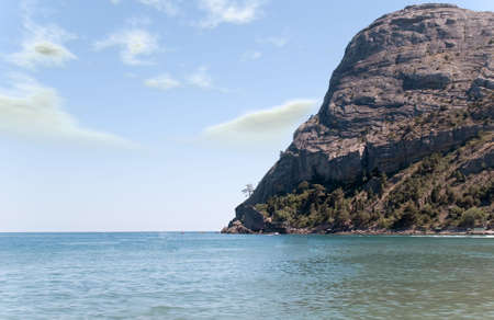 Ocean washing picturesque mountain with alone growing treeの写真素材