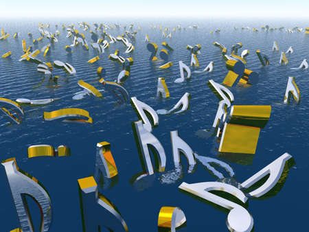 Musical notes with mirror gold surface floating in water の写真素材