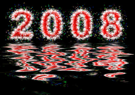 Inscription - 2008 from snowflakes and asterisks with reflection on waterの写真素材