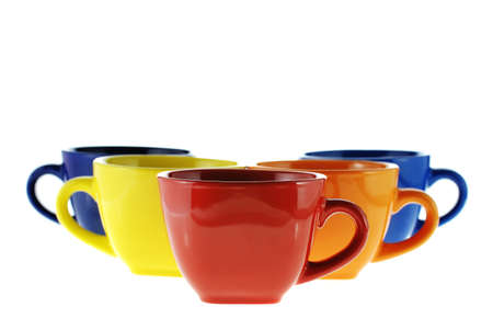 Color cups. Ceramic service from color cupsの写真素材