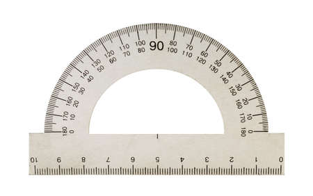 Metal protractor. The mathematical tool, it is isolated on a white background の写真素材