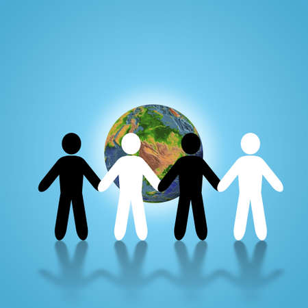 peace. The form of people of a different ethnic origin with a planet on a backgroundの写真素材