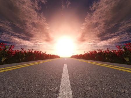 Highway with dense vegetation on a roadside - leaving in a distance (the contrast sky)の写真素材