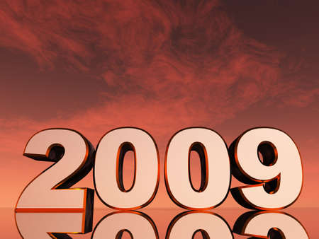 Inscription 2009 on a background of the martian sky, with reflection on a surfaceの写真素材