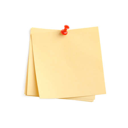 yellow paper note with red pin. It is attached red pin on a white background