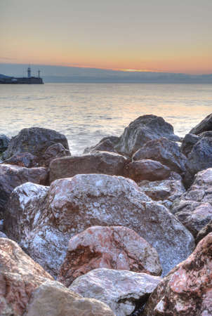 lighthouse. Means of the equipment of sea ways in the form of a capital construction of tower type. Crimea, Ukraineの写真素材