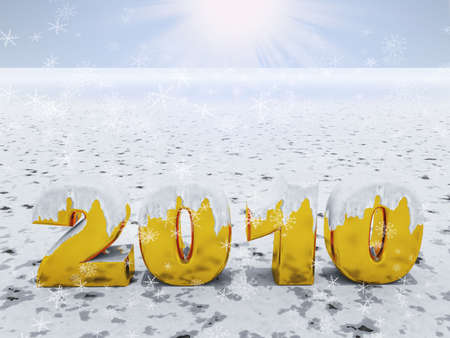 Inscription 2010 from gold on a background of a snow and the bright sun. A material gold with from above snowの写真素材