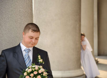 Newly-married couple. Pair young men in wedding dayの写真素材