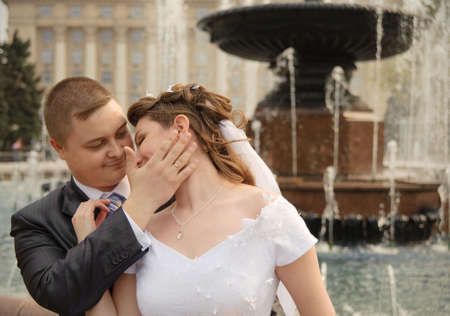 Newly-married couple. Pair young men in wedding dayの写真素材