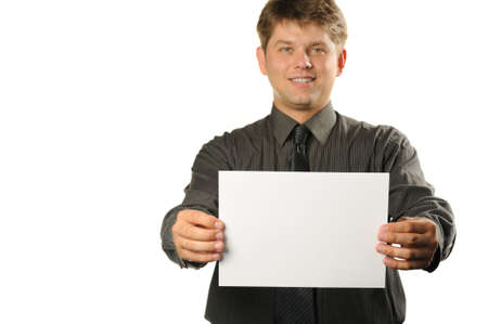 Young the man holds blank signs. It is isolated on a white backgroundの写真素材