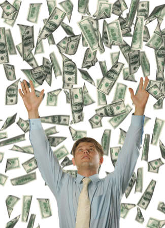 The young businessman falling dollars. It is isolated on a white backgroundの写真素材