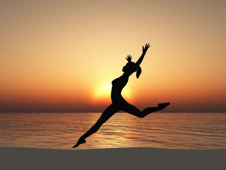 The running woman on coast of ocean. A sunsetの写真素材