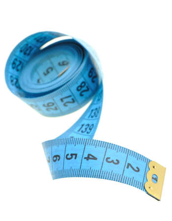 Measuring tape of the tailor blue color. It is isolated on a white backgroundの写真素材