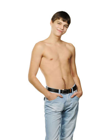 Young the man.Topless . It is isolated on a white backgroundの写真素材