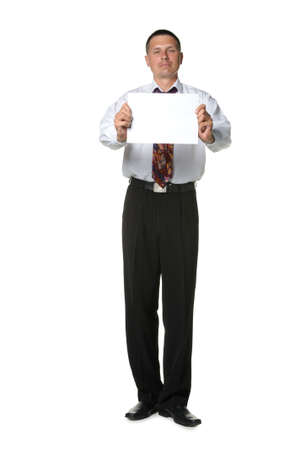 The businessman with the empty form of a paper. It is isolated on a white backgroundの写真素材