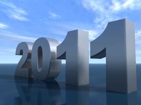 Inscription 2011 on a background of the blue sky, with reflection on a surfaceの写真素材