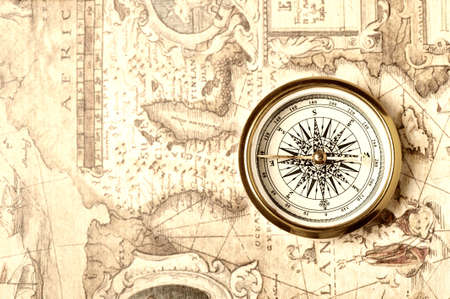Old compass on ancient map. Old monochrome imageの写真素材